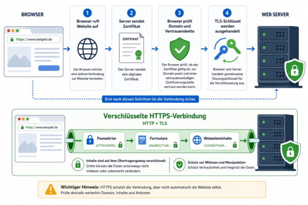 So funktioniert eine verschlüsselte HTTPS-Verbindung HTTPS-Verbindung mit Zertifikatsprüfung und TLS-Verschlüsselung
