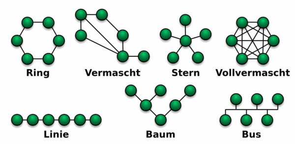 Schematische Veranschaulichung der grundlegenden Arten von Netzwerktopologien.