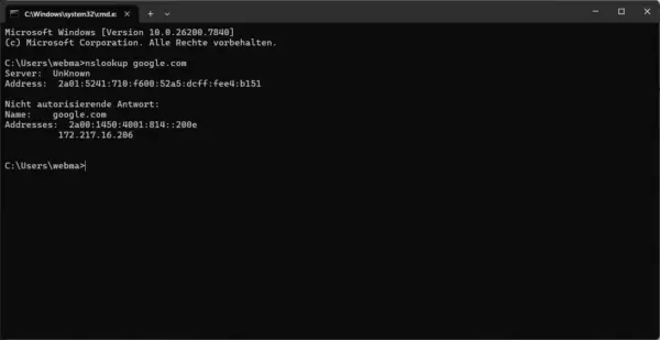 DNS-Test mit nslookup: Domainnamen in IP-Adressen auflösen DNS-Auflösung mit nslookup unter Windows 11 testen – Ausgabe der IPv4- und IPv6-Adressen von google.com