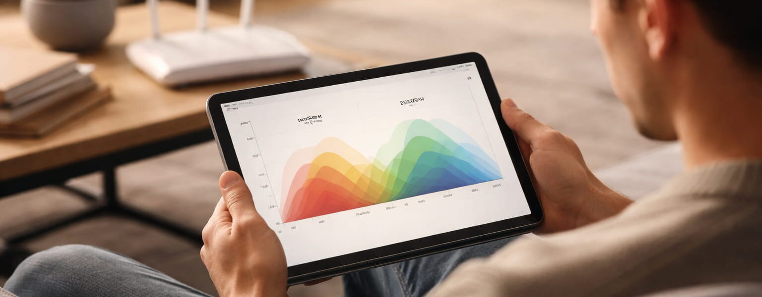 Tablet zeigt WLAN-Frequenzen, im Hintergrund ein Router im Wohnzimmer