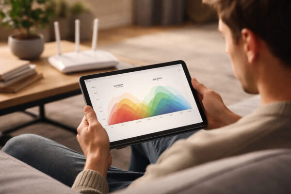 Tablet zeigt WLAN-Frequenzen, im Hintergrund ein Router im Wohnzimmer