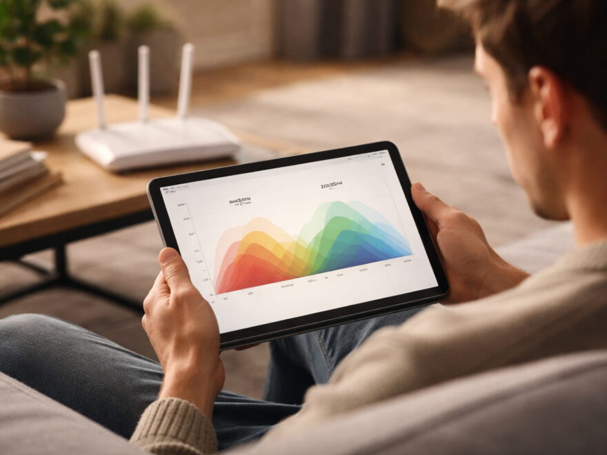 Tablet zeigt WLAN-Frequenzen, im Hintergrund ein Router im Wohnzimmer