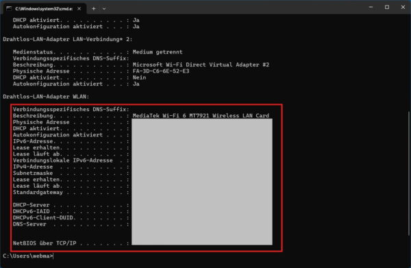 IPConfig /all mit IPv4-Adresse, Gateway, DHCP und DNS-Server