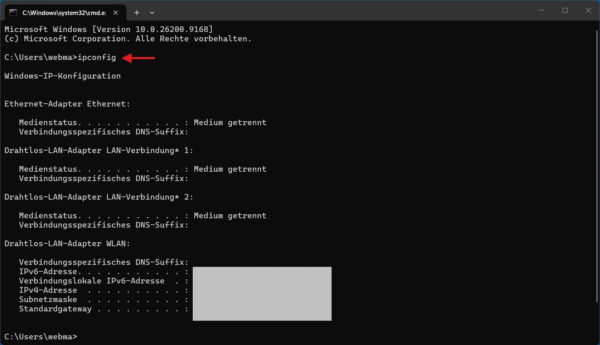 IPConfig-Befehl in der Eingabeaufforderung unter Windows 11