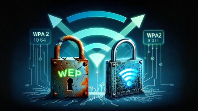 Illustration des Übergangs von WEP zu modernen WPA2/WPA3-Sicherheitsprotokollen in WLAN-Netzwerken. Links ein rostiges, altes Vorhängeschloss, das WEP symbolisiert, rechts ein modernes, digitales Vorhängeschloss für WPA2/WPA3. Hintergrund: WLAN-Diagramm. Konzept für bessere WLAN-Sicherheit.