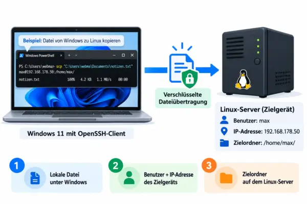 SCP-Dateiübertragung von Windows 11 zu einem Linux-Server über eine verschlüsselte SSH-Verbindung