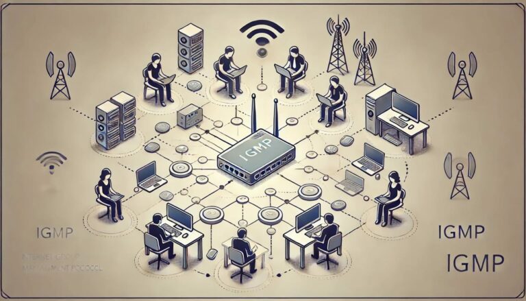 Netzwerkdiagramm zur Veranschaulichung des IGMP (Internet Group Management Protocol) mit einem zentralen Router und mehreren verbundenen Geräten.