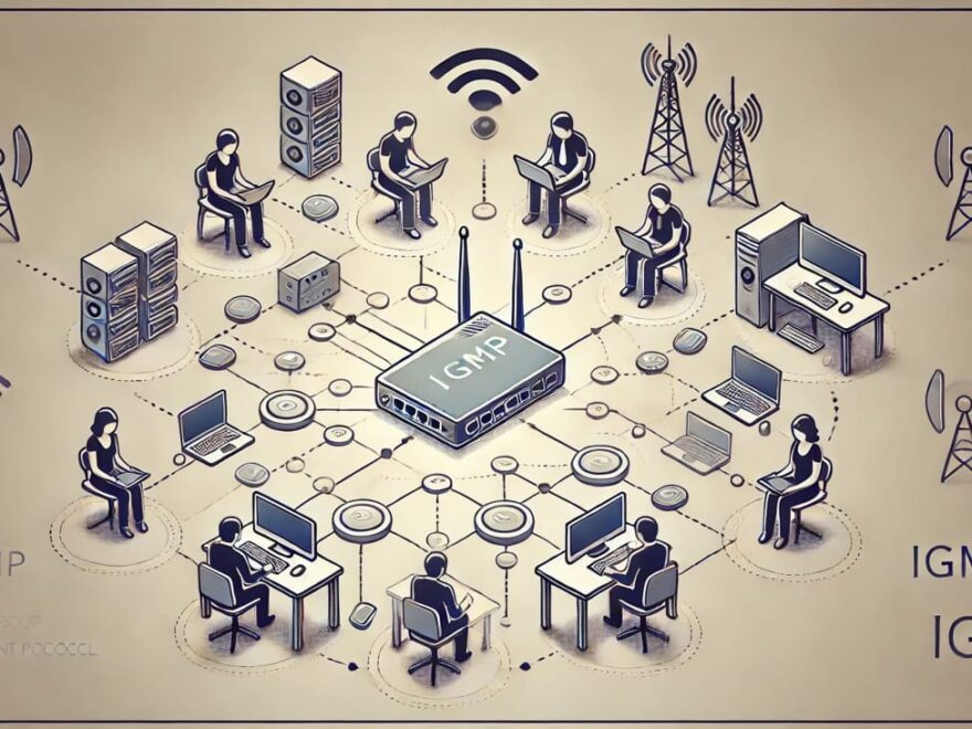 Netzwerkdiagramm zur Veranschaulichung des IGMP (Internet Group Management Protocol) mit einem zentralen Router und mehreren verbundenen Geräten.