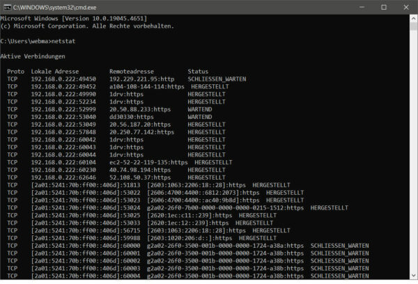 netstat-Befehl in Eingabeaufforderung ausgeführt