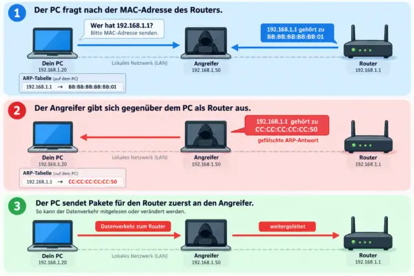 So funktioniert ARP-Spoofing im lokalen Netzwerk ARP-Spoofing im lokalen Netzwerk: gefälschte ARP-Antwort leitet Datenverkehr vom PC über den Angreifer zum Router