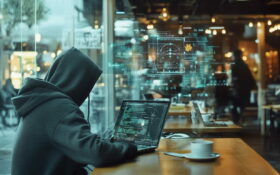 Hacker in einem Café führt ARP-Spoofing-Angriff auf WLAN-Nutzer durch