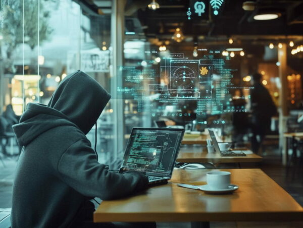 Hacker in einem Café führt ARP-Spoofing-Angriff auf WLAN-Nutzer durch