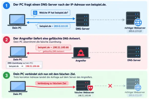 So funktioniert DNS-Spoofing DNS-Spoofing: gefälschte DNS-Antwort leitet den PC auf einen falschen Webserver um