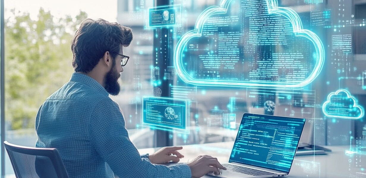 Entwickler arbeitet an FaaS (Function as a Service) im Cloud-Computing mit digitalen Icons im Hintergrund.