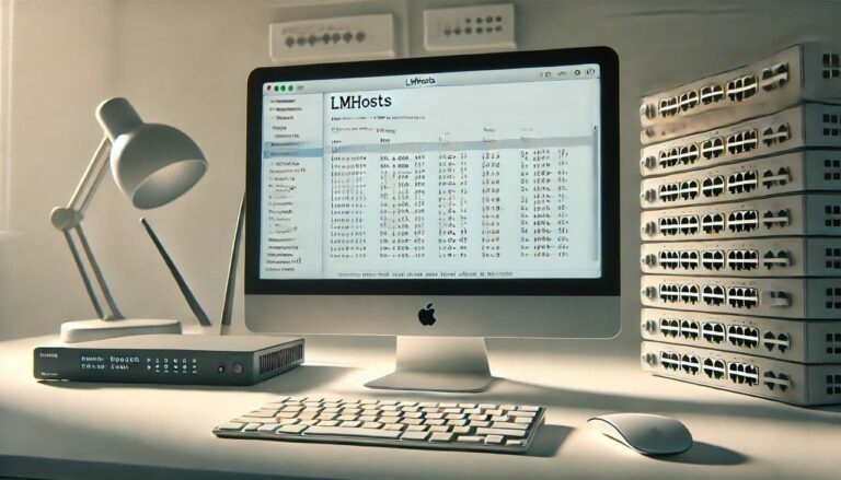 Schreibtisch mit Computer, der die lmhosts-Datei in einem Texteditor zeigt, mit Netzwerkgeräten im Hintergrund, die das Thema Netzwerkkonfiguration verdeutlichen.