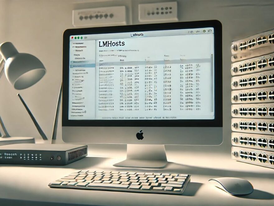 Schreibtisch mit Computer, der die lmhosts-Datei in einem Texteditor zeigt, mit Netzwerkgeräten im Hintergrund, die das Thema Netzwerkkonfiguration verdeutlichen.