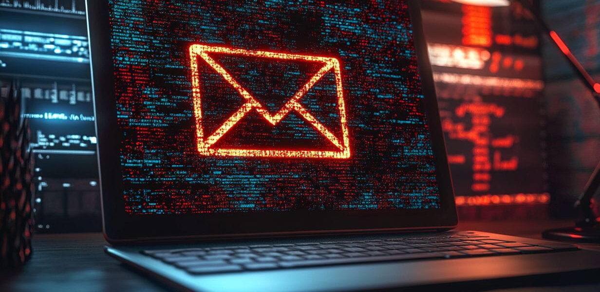 Gefälschte E-Mail auf einem Computerbildschirm mit Schattenfiguren im Hintergrund als Symbol für die Bedrohung durch Spoofing