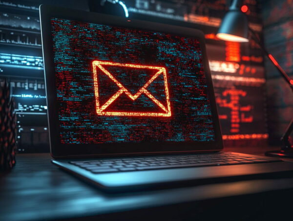 Gefälschte E-Mail auf einem Computerbildschirm mit Schattenfiguren im Hintergrund als Symbol für die Bedrohung durch Spoofing