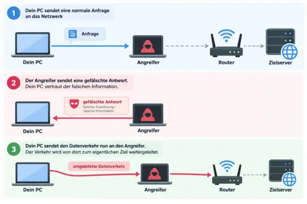So funktioniert Spoofing in einem Netzwerk Was ist Spoofing: gefälschte Netzwerkantwort leitet Datenverkehr über einen Angreifer um