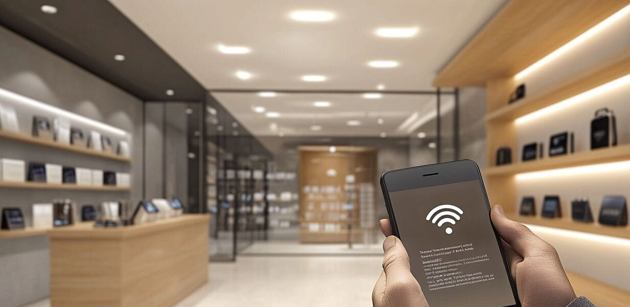 Person erhält Benachrichtigung auf Smartphone durch WLAN-Beacons in einem Geschäft