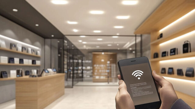 Person erhält Benachrichtigung auf Smartphone durch WLAN-Beacons in einem Geschäft