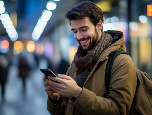 realistisches Foto Personen mit Smartphone WLAN in der ganzen Stadt