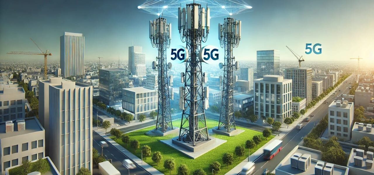 Moderner 5G-Turm in urbaner Umgebung mit Antennen und Technik
