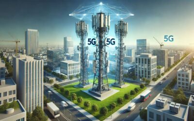 Moderner 5G-Turm in urbaner Umgebung mit Antennen und Technik