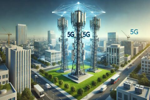 Moderner 5G-Turm in urbaner Umgebung mit Antennen und Technik