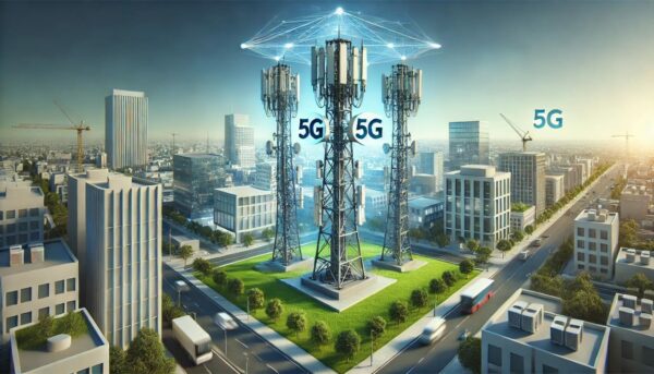 Moderner 5G-Turm in urbaner Umgebung mit Antennen und Technik