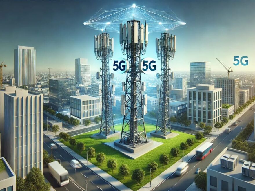 Moderner 5G-Turm in urbaner Umgebung mit Antennen und Technik