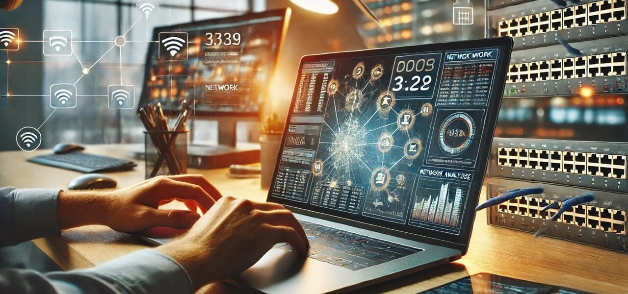 Person analysiert Netzwerkdaten auf einem Laptop-Bildschirm mit Netzwerkanalyse-Tools