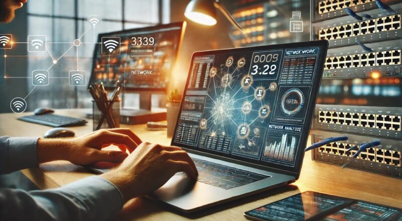 netzwerkanalyse tools laptop Person analysiert Netzwerkdaten auf einem Laptop-Bildschirm mit Netzwerkanalyse-Tools