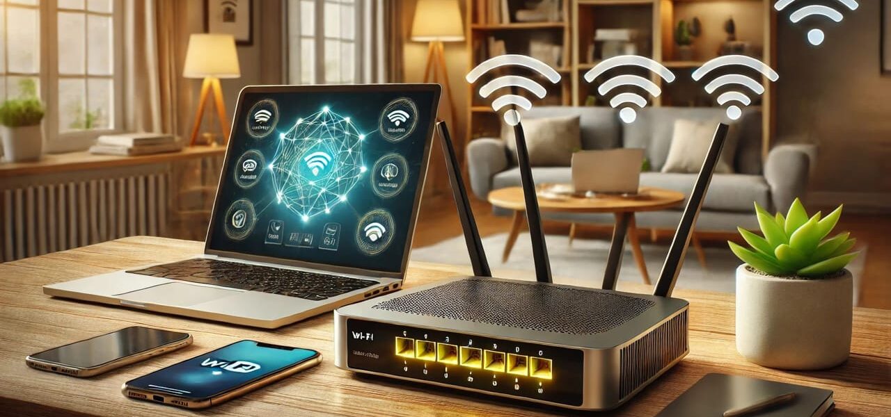 Moderner Router mit starkem Wi-Fi-Signal auf Holztisch