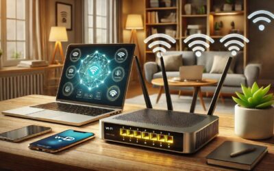 Moderner Router mit starkem Wi-Fi-Signal auf Holztisch