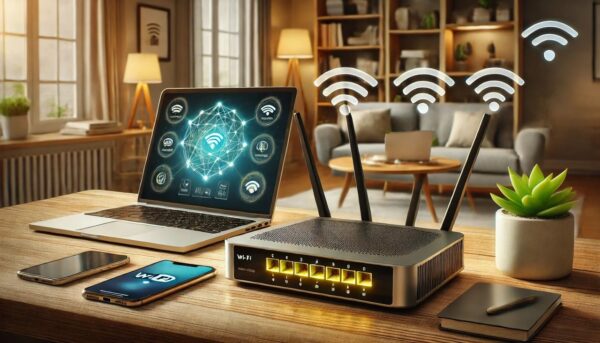 Moderner Router mit starkem Wi-Fi-Signal auf Holztisch