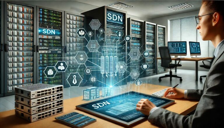 Zentrale SDN-Steuerung einer modernen Netzwerk-Infrastruktur mit Servern und Routern