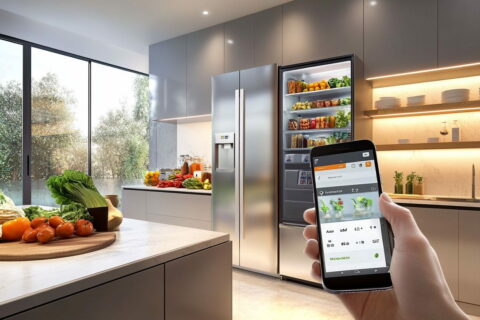 Person nutzt Smartphone, um mit einem smarten Kühlschrank in moderner Küche zu interagieren.