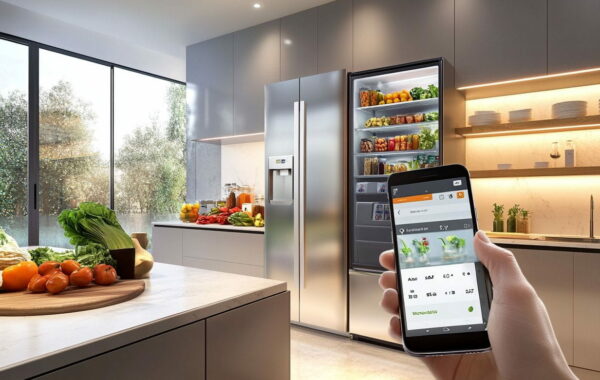 Person nutzt Smartphone, um mit einem smarten Kühlschrank in moderner Küche zu interagieren.