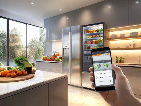 Person nutzt Smartphone, um mit einem smarten Kühlschrank in moderner Küche zu interagieren.