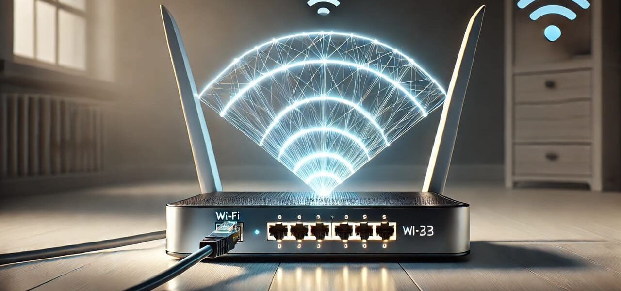 Router mit WLAN-Signal und LAN-Kabel für Smart TV-Verbindung