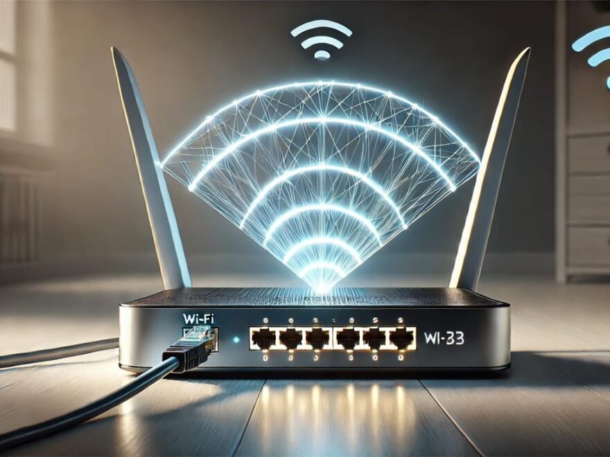 Router mit WLAN-Signal und LAN-Kabel für Smart TV-Verbindung