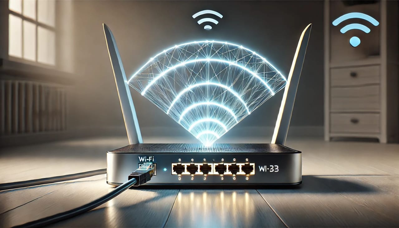 Router mit WLAN-Signal und LAN-Kabel für Smart TV-Verbindung