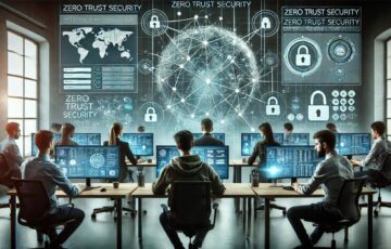 IT-Experten in einem modernen Büro arbeiten an Cybersicherheitslösungen mit Bildschirmen, die Netzwerkaktivitäten und Firewalls anzeigen, symbolisiert durch das Zero Trust Security Konzept.