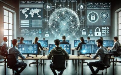 IT-Experten in einem modernen Büro arbeiten an Cybersicherheitslösungen mit Bildschirmen, die Netzwerkaktivitäten und Firewalls anzeigen, symbolisiert durch das Zero Trust Security Konzept.