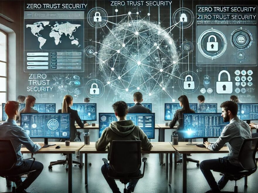 IT-Experten in einem modernen Büro arbeiten an Cybersicherheitslösungen mit Bildschirmen, die Netzwerkaktivitäten und Firewalls anzeigen, symbolisiert durch das Zero Trust Security Konzept.