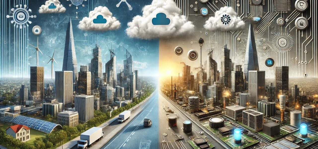 Illustration von Edge Computing vs. Cloud Computing – Skyline mit Cloud und IoT-Geräte