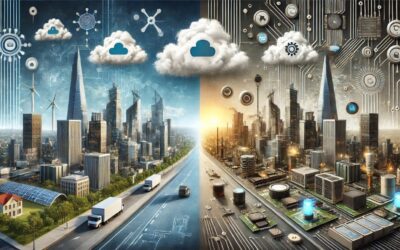 Illustration von Edge Computing vs. Cloud Computing – Skyline mit Cloud und IoT-Geräte