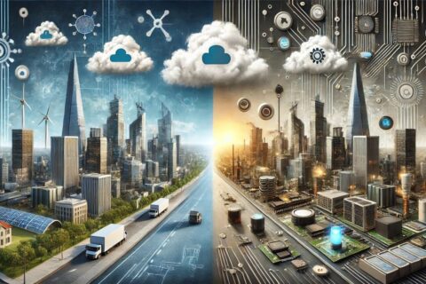 Illustration von Edge Computing vs. Cloud Computing – Skyline mit Cloud und IoT-Geräte