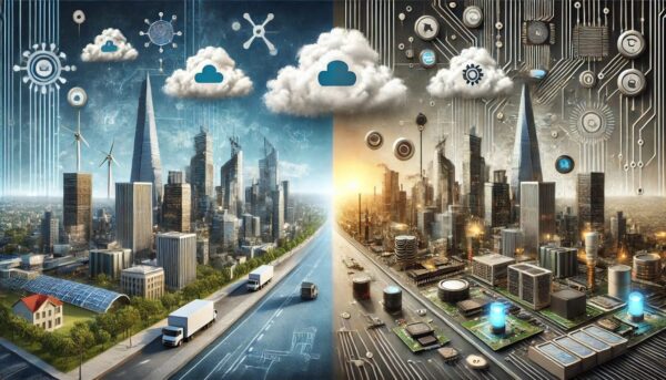 Illustration von Edge Computing vs. Cloud Computing – Skyline mit Cloud und IoT-Geräte